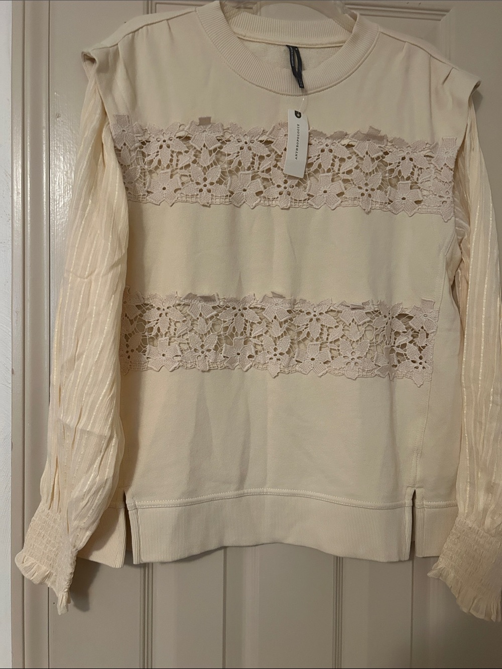 Anthropologie Cream Lace-Trim Pullover Sweater
